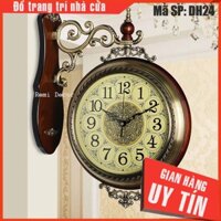 Trang trí nhà đẹp - Đồng hồ treo tường 2 mặt phong cách châu Âu - Chất liệu gỗ sồi và hợp kim mạ đồng - Kim trôi êm ái