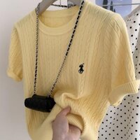 [Trang trí thời trang lãng mạn] Kem cổ tròn màu vàng Retro War Horse thêu Twist Đan tay ngắn giản dị phong cách mỏng phù hợp cho nữ