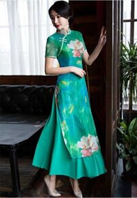 Trang Trung Quốc Phục Truyền Thống Vieam Ao-Dai Sườn Xám Mùa Hè Lady Vintage Màu Xanh Lá C