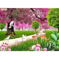 Tranh 3d dán tường phong cảnh con đường rừng cây vải lụa dán bằng keo in theo yêu cầu