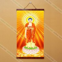 Tranh A Di Đà nẹp gỗ 40x75cm treo tường bằng vải phủ bóng cao cấp dày dặn.