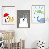 Tranh Bộ 3 Decor Phòng Bé,Trẻ Em- Tranh treo tường chất liệu tráng gương viền vàng cao cấp- Trang trí Decor phòng