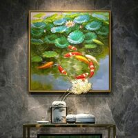 Tranh cá chép hoa sen, tranh phong thủy, tranh cửu ngư quần hội, tranh treo tường phòng khách, tranh canvas Printek