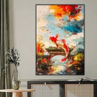 Tranh Cá Chép Vượt Vũ Môn Hóa Rồng treo phong thủy trang trí decor nhà