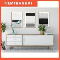 Tranh Canvas Cao Cấp | Blush Navy Beige Organic Shapes Wall Art, Set of 3 Abstract Prints, Living Room Tryptic