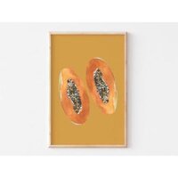 Tranh Canvas Cao Cấp  Tranh màu nước - Papaya fruit print, Kitchen wall art, modern kitchen poster, minimal - 50x70,Vàng composite