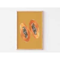 Tranh Canvas Cao Cấp  Tranh màu nước - Papaya fruit print, Kitchen wall art, modern kitchen poster, minimal - 50x70,Trắng composite