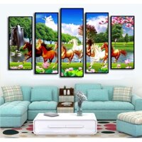 Tranh canvas kèm khung trang trí phòng khách, bộ 5 tranh bộ đàn ngựa phi-AT822