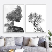 Tranh canvas trang trí cô gái cây rừng trừu tượng Bắc Âu đen trắng, tranh treo tường nền sofa, trang trí phòng khách, tranh canvas tại cửa hàng gia đình, tranh sơn dầu canvas