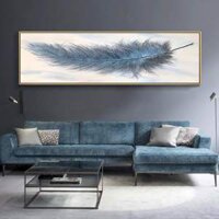 Tranh canvas treo tường decor phòng ngủ lông vũ tông xanh xám khổ ngang - 140 x 45 cm
