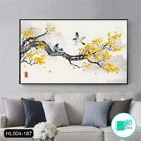 Tranh canvas treo tường khung composite chim uyên ương trên cành rẻ quạt - 80 x 50 cm