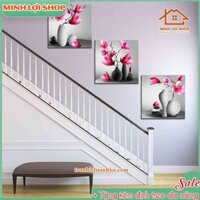 Tranh cầu thang 3 tấm tráng gương pha lê hoa mộc lan TẶNG KÈM ĐINH TREO TCT045