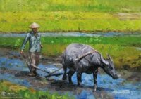 Tranh Chú Trâu Đang Cày Bừa Vẽ Sơn Dầu