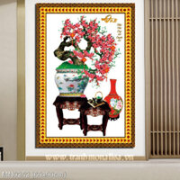 (tranh chưa thêu, chưa khung)Tranh thêu kín Cây đào ngày tết (MN0252) Kích thước: 60×90 cm.