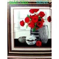 Tranh đá BÌNH BÔNG HOA HỒNG - 56x56cm - S8049 - tranh đá chưa làm - chưa gắn đá - chưa đính đá