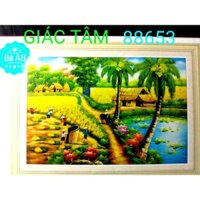 Tranh đá LÀNG QUÊ - 80x56cm - 88653 - CẢNH ĐỒNG QUÊ GẶT LÚA NHÀ TRANH AO SEN CON TRÂU DỪA BỤI TRE  - tranh đá chưa làm