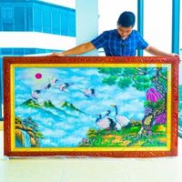 Tranh Đá Phong Thủy | Tranh Đá Quý Cao Cấp | Tranh Đá Quý Phong Cảnh | Tranh Tùng Hạc Chất Liệu Đá Quý Tự Nhiên 100% - Kích Thước: 1m92 x 1m12 AT009