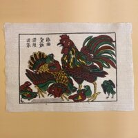 Tranh dân gian Đông Hồ Thư Hùng Gia Đình Gà giấy dó