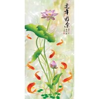 Tranh dán tường 3D Cá hoa sen - VẢI LỤA  phủ kim sa (kích thước theo yêu cầu)