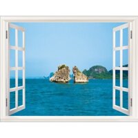 Tranh dán tường 3D cửa sổ vịnh hạ long hòn trống mái - vải lụa phủ kim sa