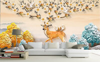 Tranh dán tường 3D hươu sừng hoa và cây vàng cây bạc