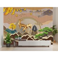 Tranh dán tường 3d hươu vàng và cây tùng phong thuỷ có sẵn keo dán tranh phòng khách