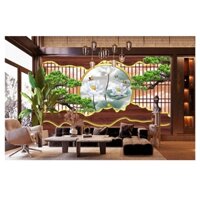 Tranh dán tường 3d lam sóng hoa sen trắng và cây tùng phong thuỷ tranh phòng khách có sẵn keo dán