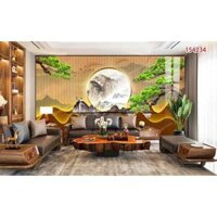 Tranh dán tường 3d lam sóng cây tùng phong thuỷ tranh dán tường phòng khách có sẵn keo