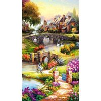 Tranh dán tường 3D mẫu tranh sơn dầu cảnh làng quê châu âu - vải lụa phủ kim sa