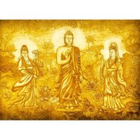 Tranh dán tường 3D tam thế phật - vải lụa kim tuyến - kích thước theo yêu cầu