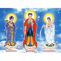 Tranh dán tường 3D -Tam Thế Phật - Đại thế chí bồ tát -vải lụa kim tuyến