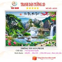 Tranh dán tường 3D thác nước sơn thủy hữu tình - cây cầu hoa - vải lụa kim tuyến kích thước theo yêu cầu