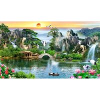 Tranh dán tường 3D thác nước -vải lụa kim sa