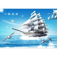 Tranh dán tường 3D Thuận buồm xuôi gió -tranh thuyền buồm - vải lụa kim tuyến
