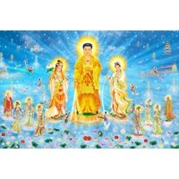 Tranh dán tường 3D vải lụa kim tuyến Tranh phật - Tây Phương cực lạc