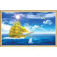 Tranh dán tường 3d vải lụa thuận buồn xuôi gió,tranh thuyền buồm, tranh tàu có gửi cùng keo dán nhận in theo kích thước