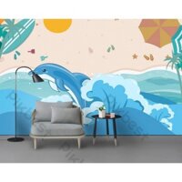 Tranh dán tường Cá heo chơi đùa với sóng biển, tranh dán tường 3d hiện đại (tích hợp sẵn keo) MS1162878