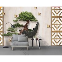 Tranh dán tường Cây thông bonsai sáng tạo, tranh dán tường 3d hiện đại (tích hợp sẵn keo) MS1210449