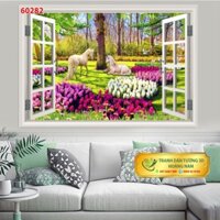 Tranh dán tường có keo mặt sau giấy ảnh kim sa hình cửa sổ