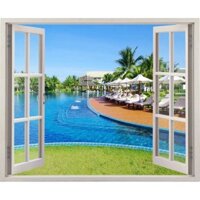 Tranh dán tường cửa sổ 3D cảnh hồ bơi đẹp 0107