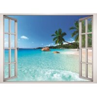 Tranh dán tường cửa sổ 3D cảnh biển xanh VT0125-NEW phủ kim sa