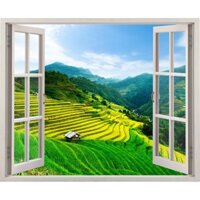 Tranh dán tường cửa sổ 3D VTC cảnh ruộng bậc thang VT0198 kim sa