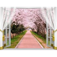Tranh dán tường cửa sổ 3D VTC Cảnh hoa đào VT0352 kim sa