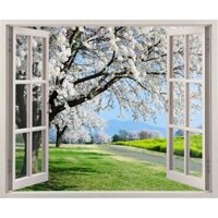 Tranh dán tường cửa sổ 3D đường hoa đào trắng VTC VT0059 kim sa