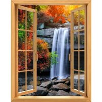 Tranh dán tường cửa sổ gỗ 3D cảnh thác nước VTC VT0266-2 kim sa