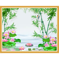 Tranh dán tường Đôi chim trĩ đậu cành trúc trang trí phòng ngủ phòng khách HUD1724 in PP kim sa nhiều kích thước