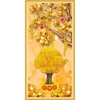 Tranh dán tường GL0677 Cây hoa đồng tiền vàng tài lộc may mắn ghép viền khung in PP kim sa nhiều kích thước