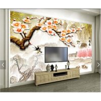 Tranh dán tường  Hoa 3D - vải lụa phủ kim sa