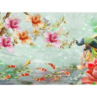 tranh dán tường hoa phù dung chim công 3d.in vải lụa KT120x80 cm.nhận in kích thước theo yêu cầu liên hệ zalo 0989685926