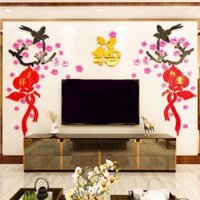 Tranh dán tường mica 3d đào phúc 2 bên trang trí phòng khách, phòng ngủ, spa, nail hoa đào hoa mai, decor ngày tết 2024
